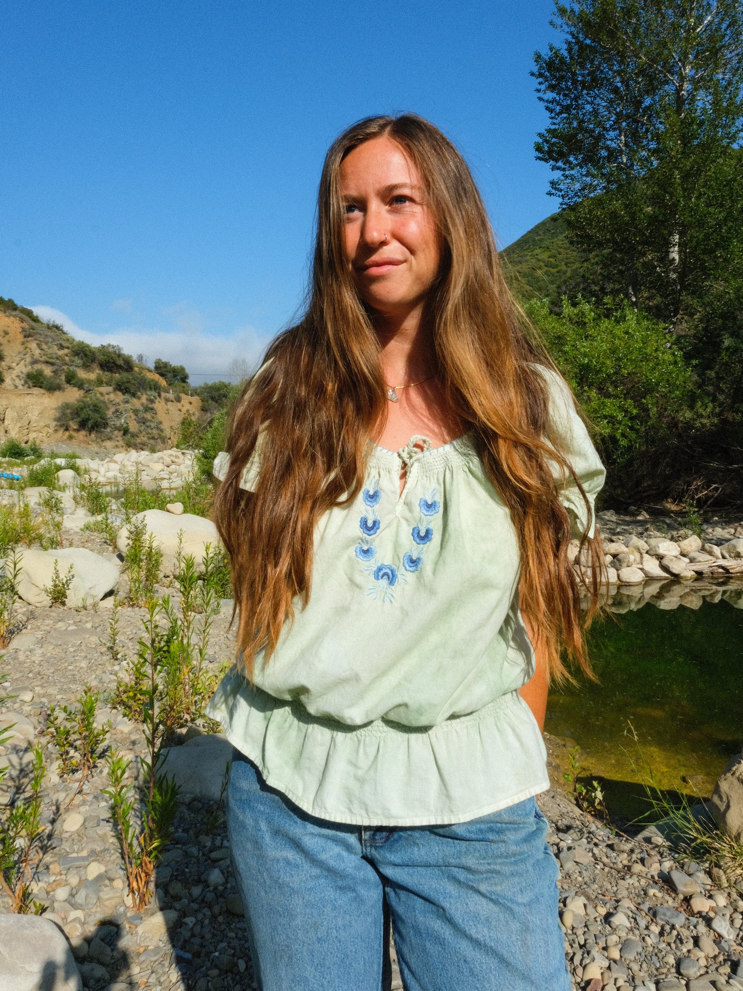 Chlorophyllin Embroidered Peplum Blouse