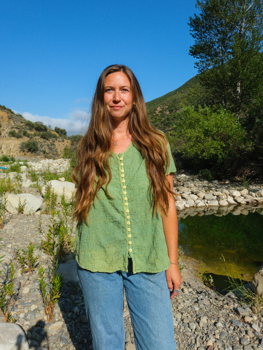 Indigo Cotton Gauze Emboidered Short Sleeve Top