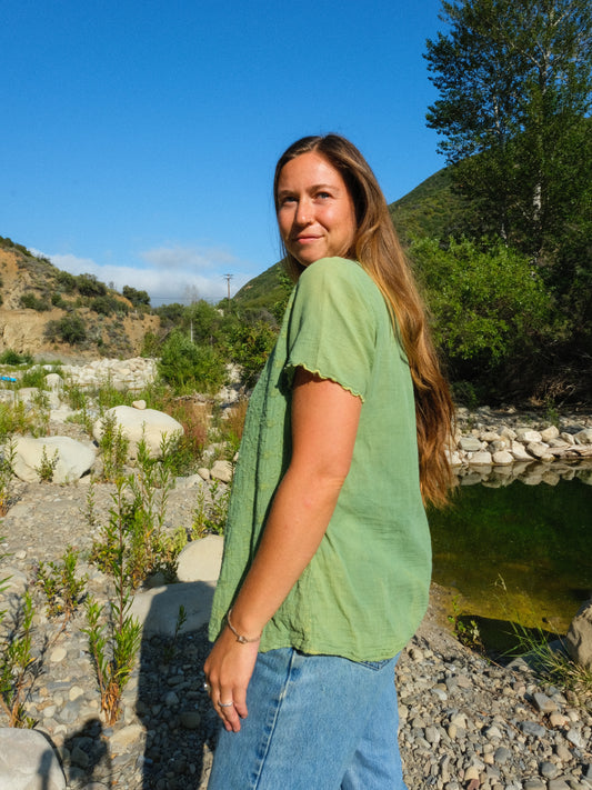 Indigo Cotton Gauze Emboidered Short Sleeve Top