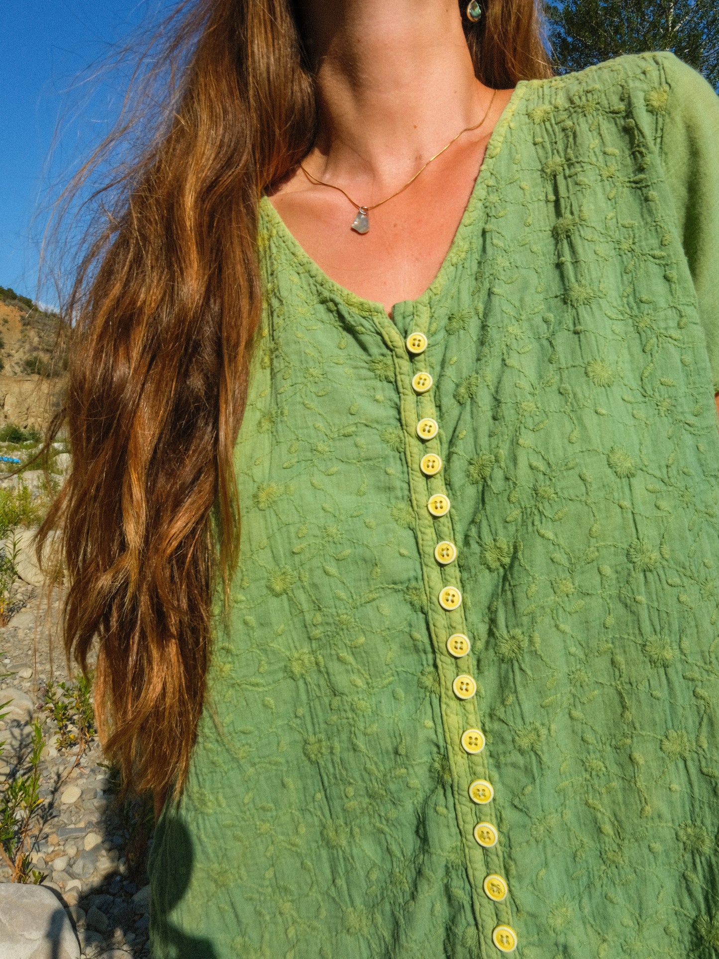 Indigo Cotton Gauze Emboidered Short Sleeve Top