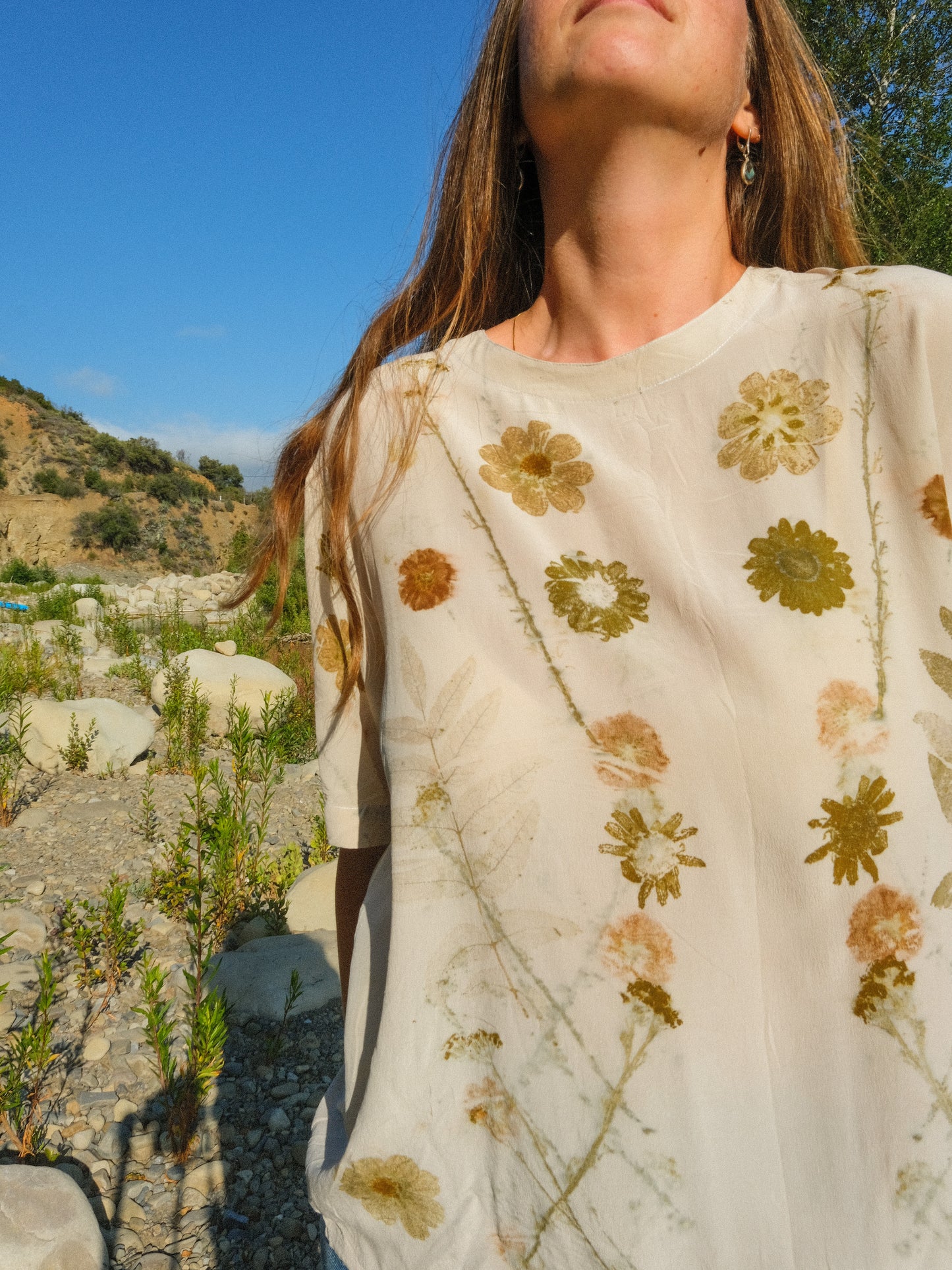 Silk Eco-printed Sheer Short Sleeve Blouse