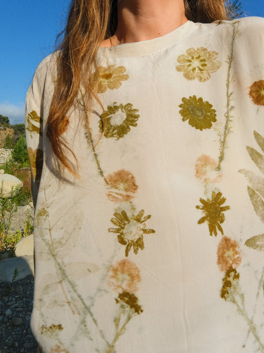 Silk Eco-printed Sheer Short Sleeve Blouse