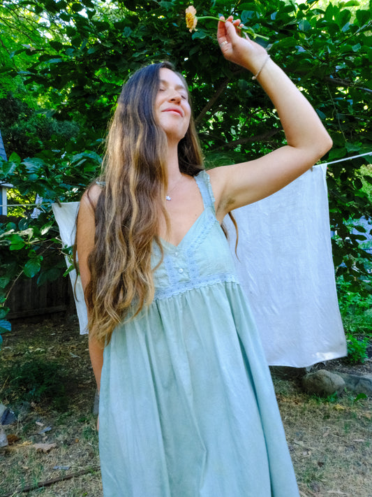 Chlorophyllin Eco-printed Cotton Empire Dress