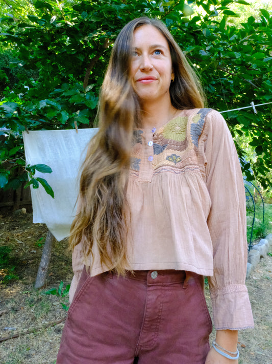 Cutch Embroidered Cotton Gauze Long Sleeve Crop