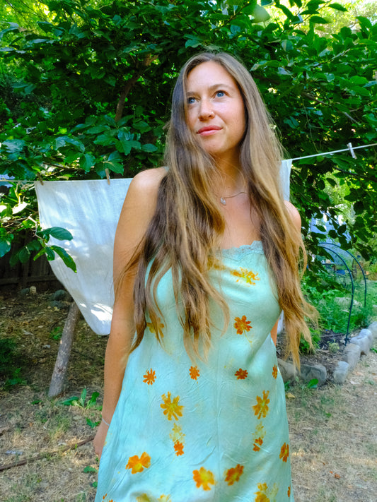 Chlorophyllin Eco-printed Silk Lace Embroidered Dress