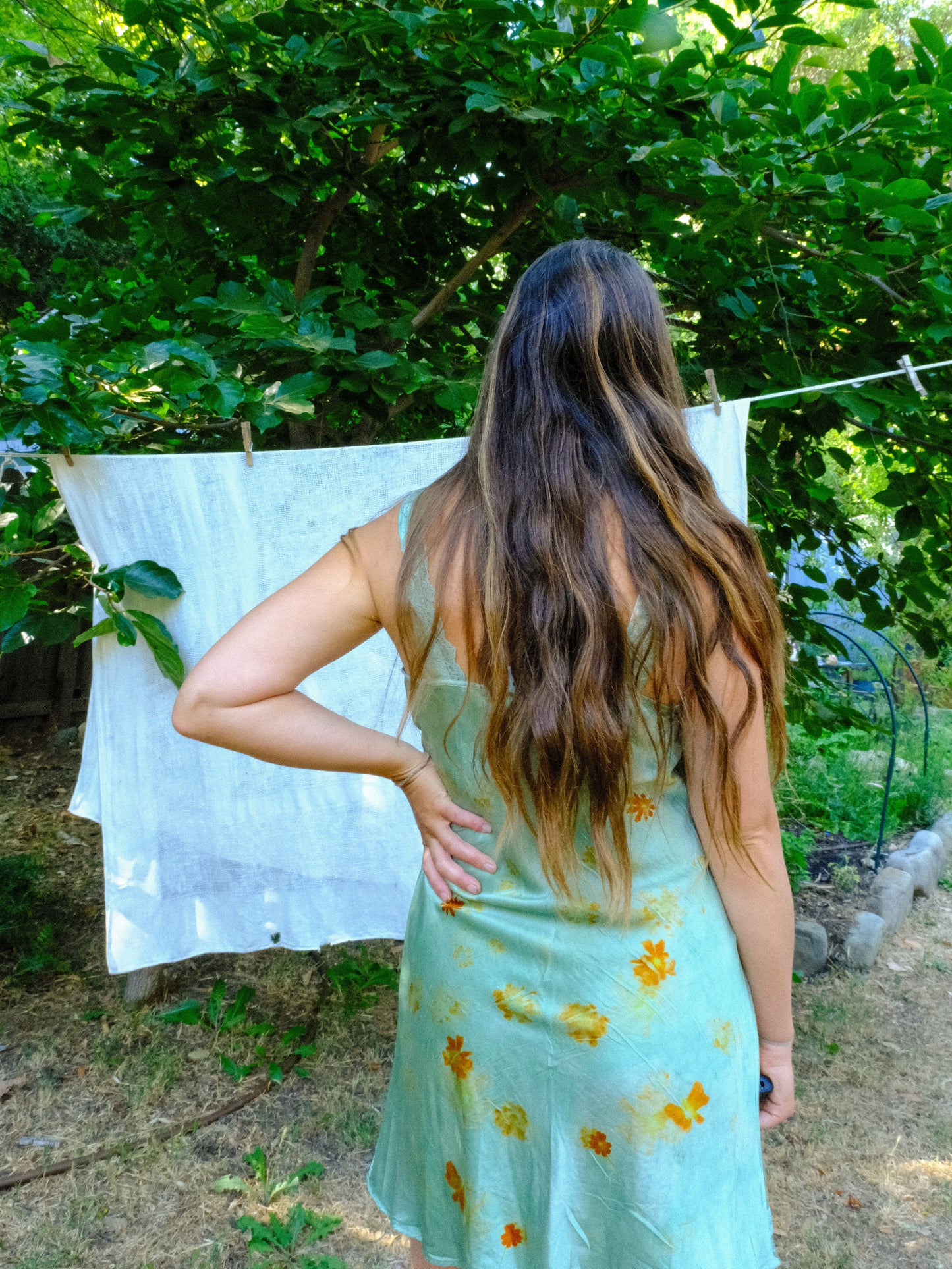 Chlorophyllin Eco-printed Silk Lace Embroidered Dress