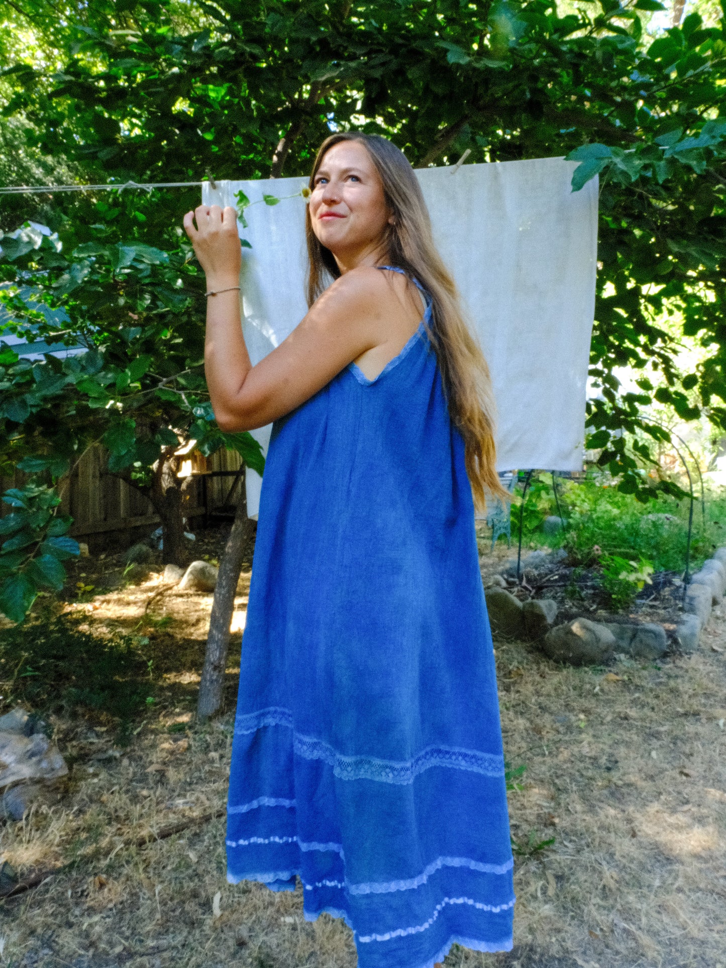Indigo Cotton Gauze Crochet Yoke Dress