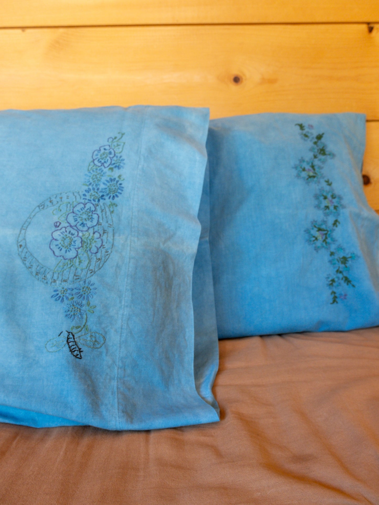 Vintage Indigo Green Embroidered Cotton Pillowcase
