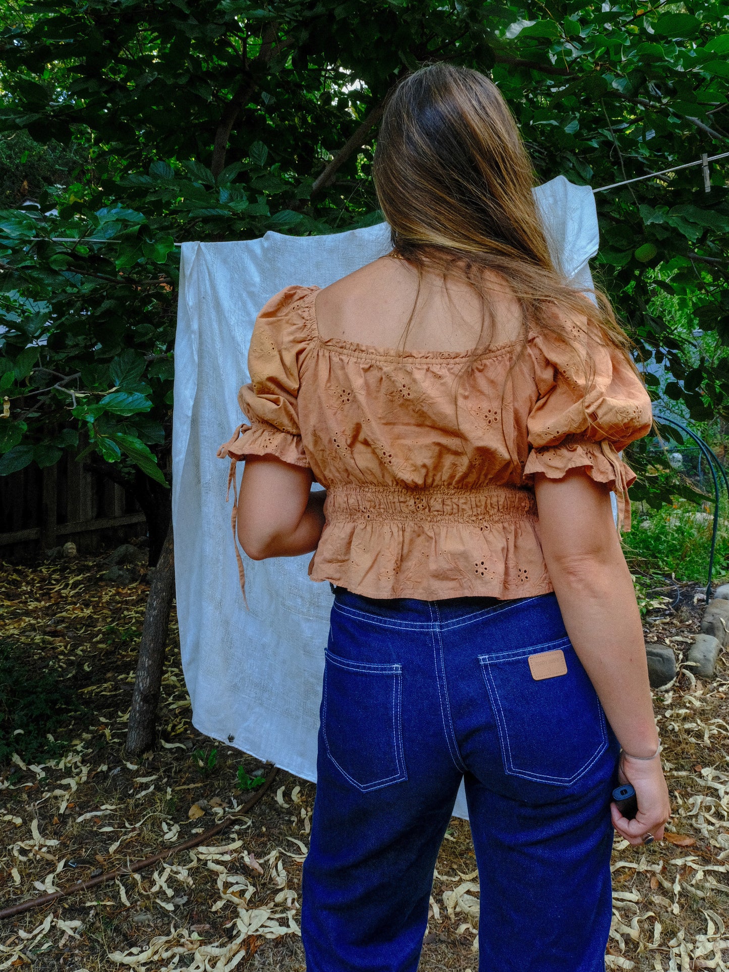 Madder & Coreopsis Eyelet Square Neck Elastic Blouse