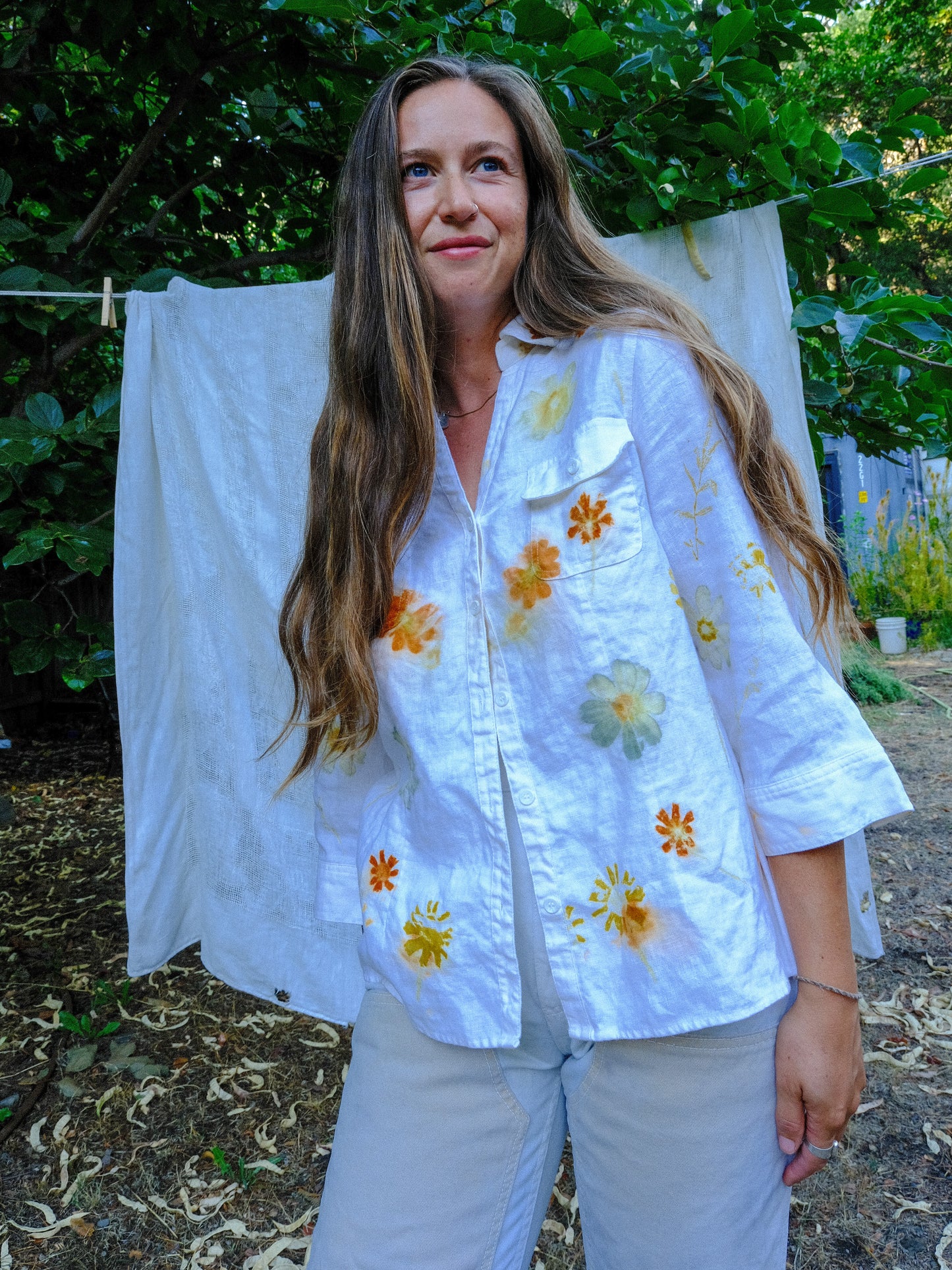 Eco-printed Linen 3/4 Sleeve Blouse