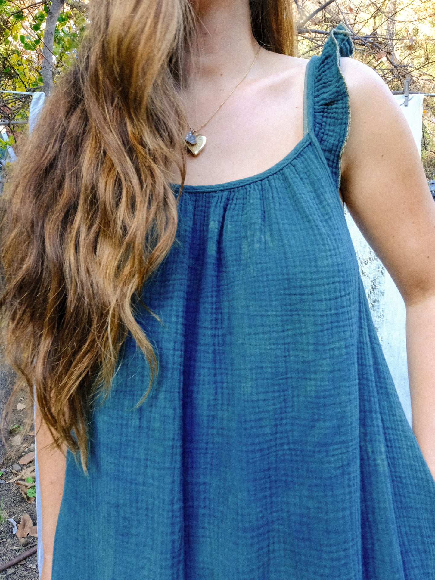 Indigo Cotton Gauze Flutter Strap Maxi Dress