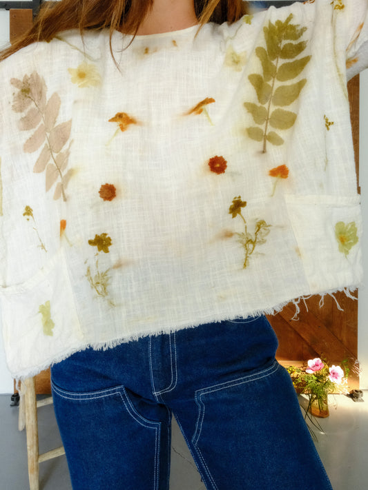 Eco-printed Gauze Raw Edge Boxy Blouse