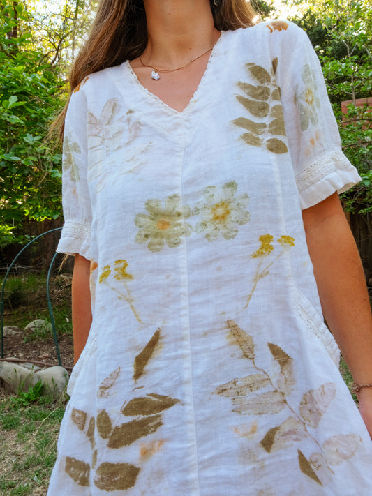 Eco-printed Linen V-neck Dress