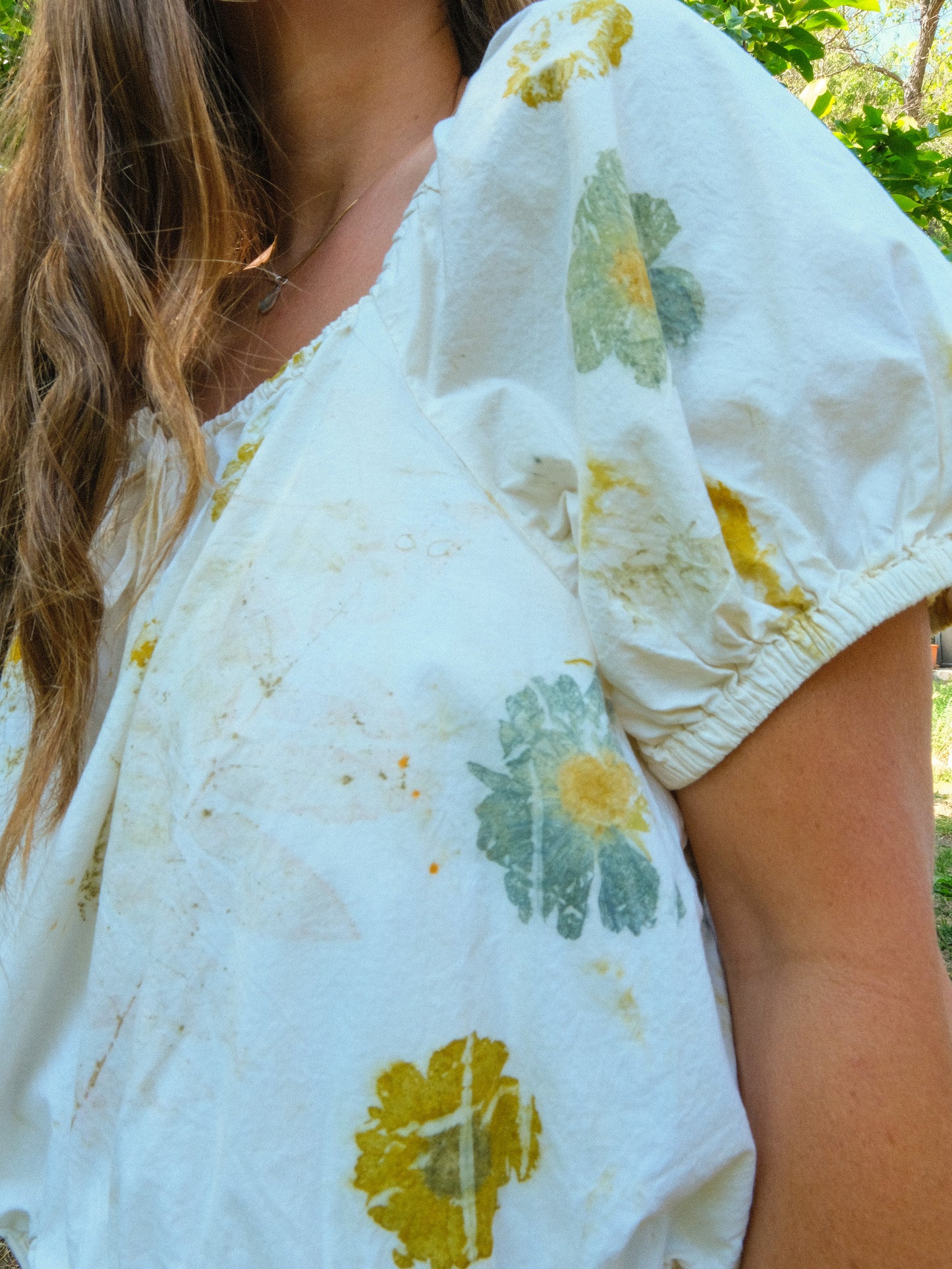 Eco-printed Elastic Band Puff Sleeve Blouse