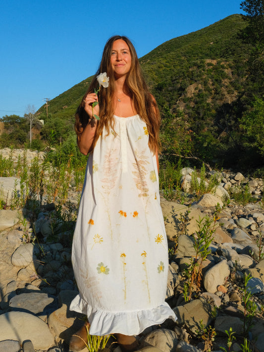 Eco-printed Ruffle Hem Strappy Maxi Dress