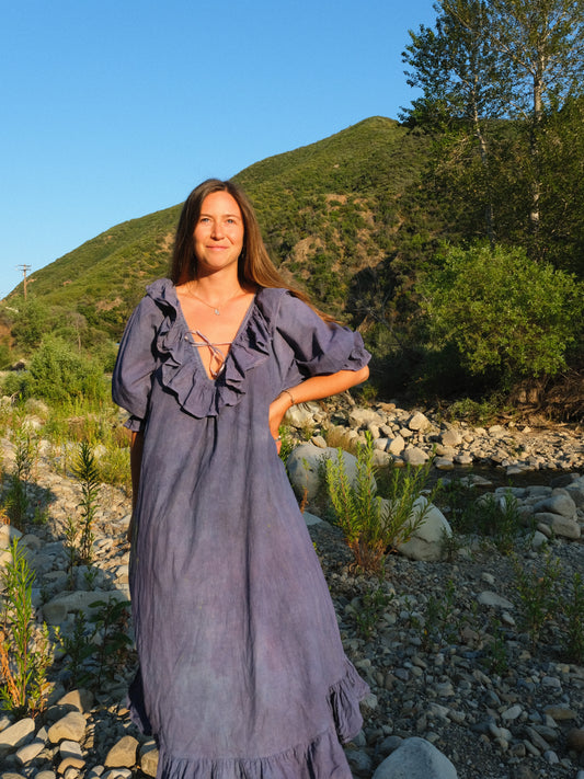 Indigo & Logwood Plunging Neck Maxi Dress