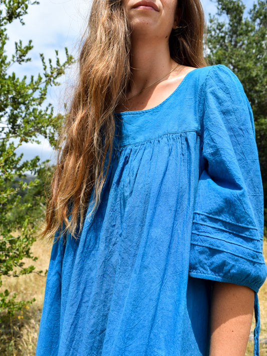 Indigo Soft Cotton Ruffle Midi Dress