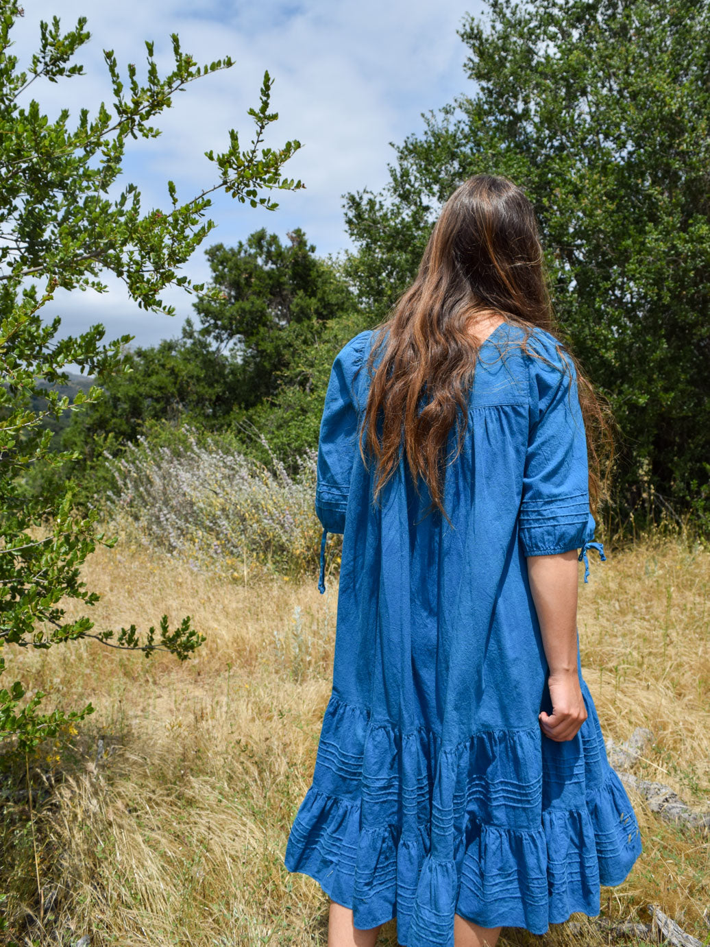 Indigo Soft Cotton Ruffle Midi Dress