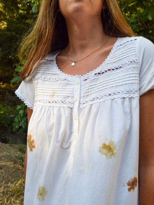 Flower Hammered Pleated Yoke Cap Sleeve Dress