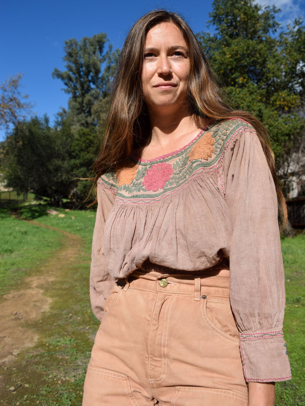 Sequoia, Cutch, & Lac Embroidered Gauze Long Sleeve Crop