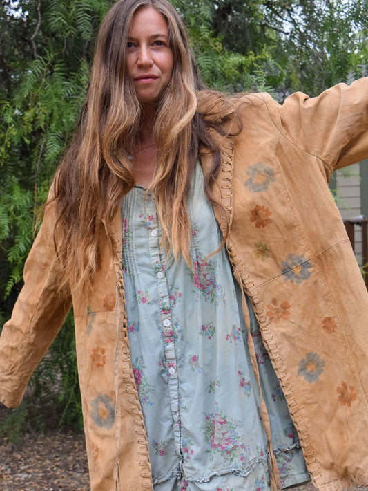 Flower Hammered Fringe Suede Leather Coat