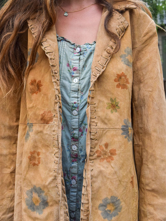 Flower Hammered Fringe Suede Leather Coat