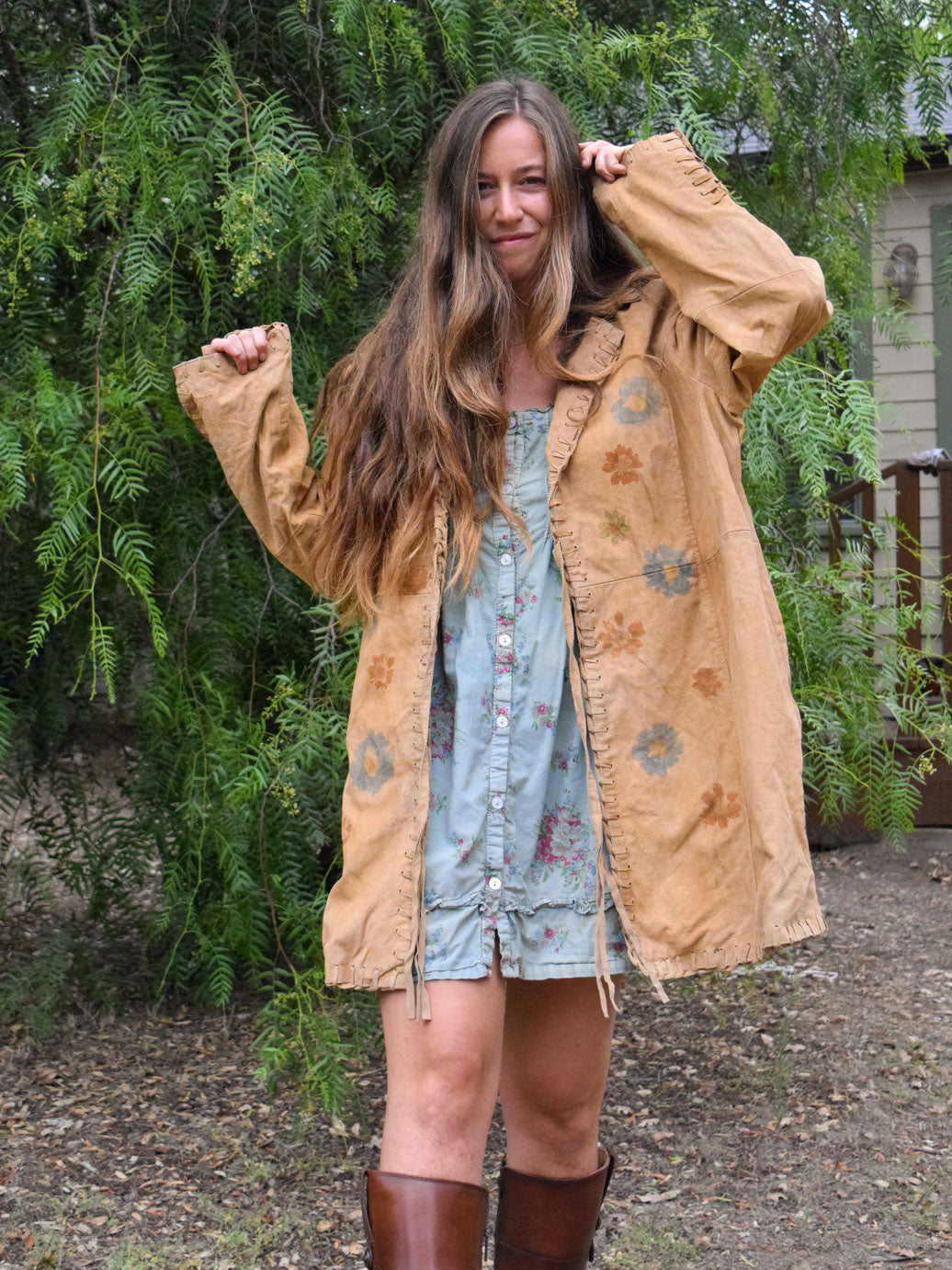 Flower Hammered Fringe Suede Leather Coat