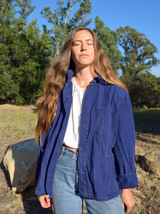 French Workwear Jacket with Flower Eco-printed Patch