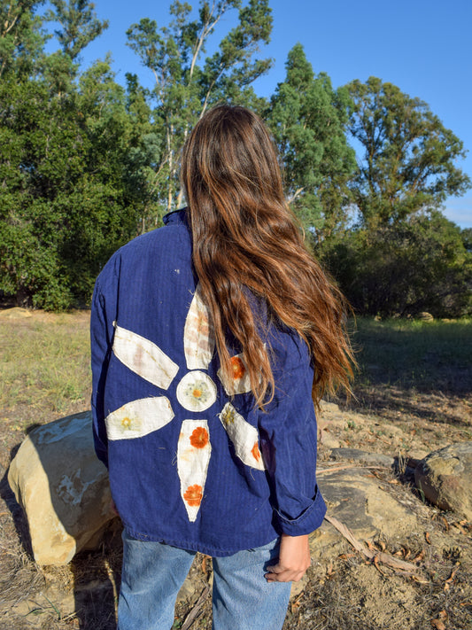 French Workwear Jacket with Flower Eco-printed Patch