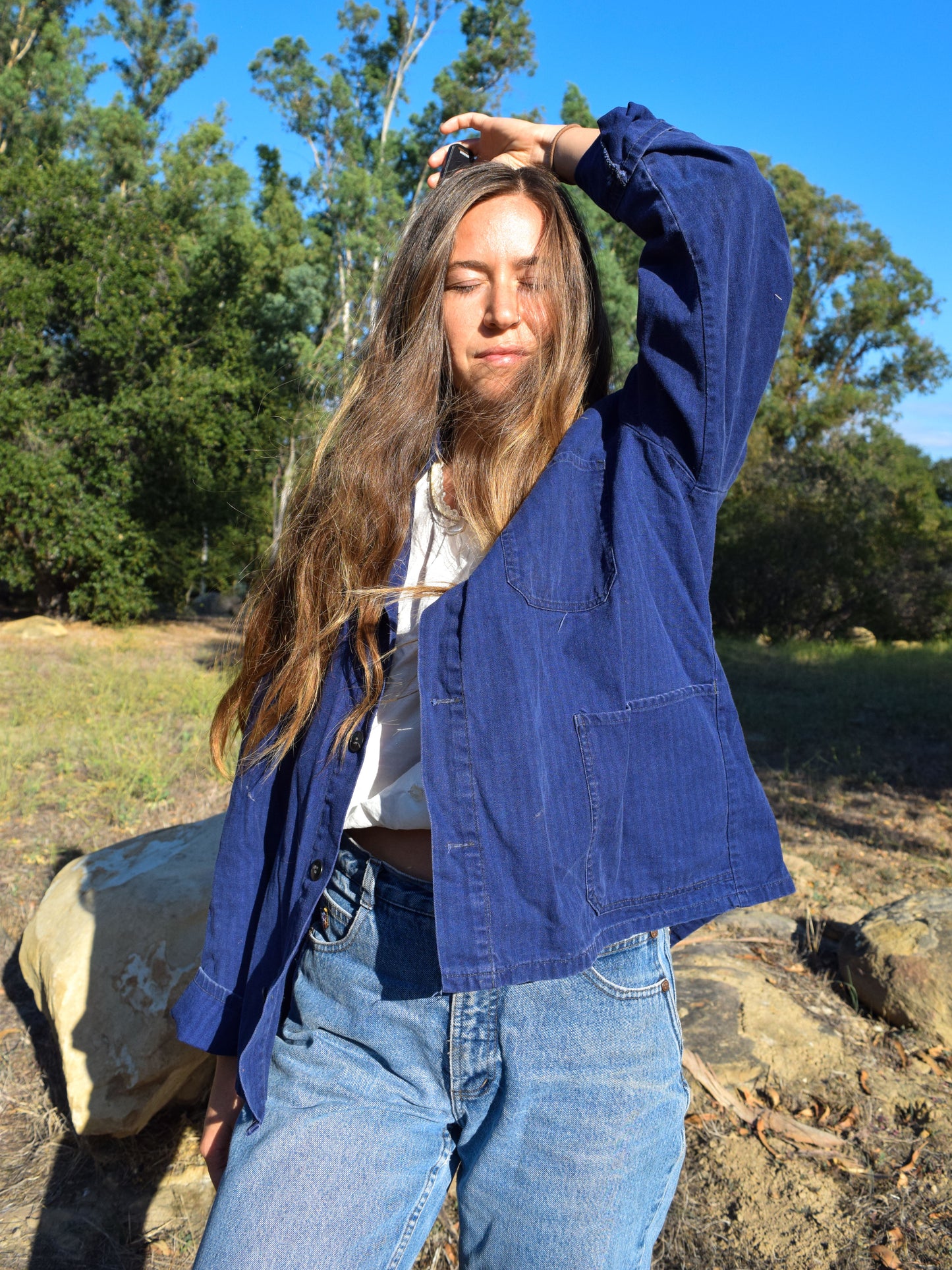 French Workwear Jacket with Flower Eco-printed Patch