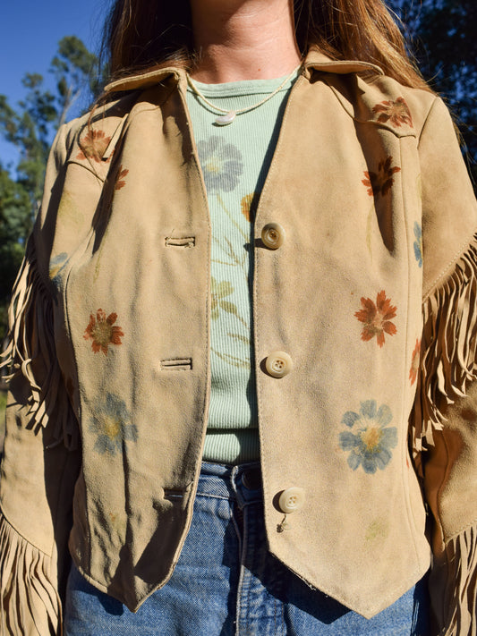 Flower Hammered Suede Fringe Jacket