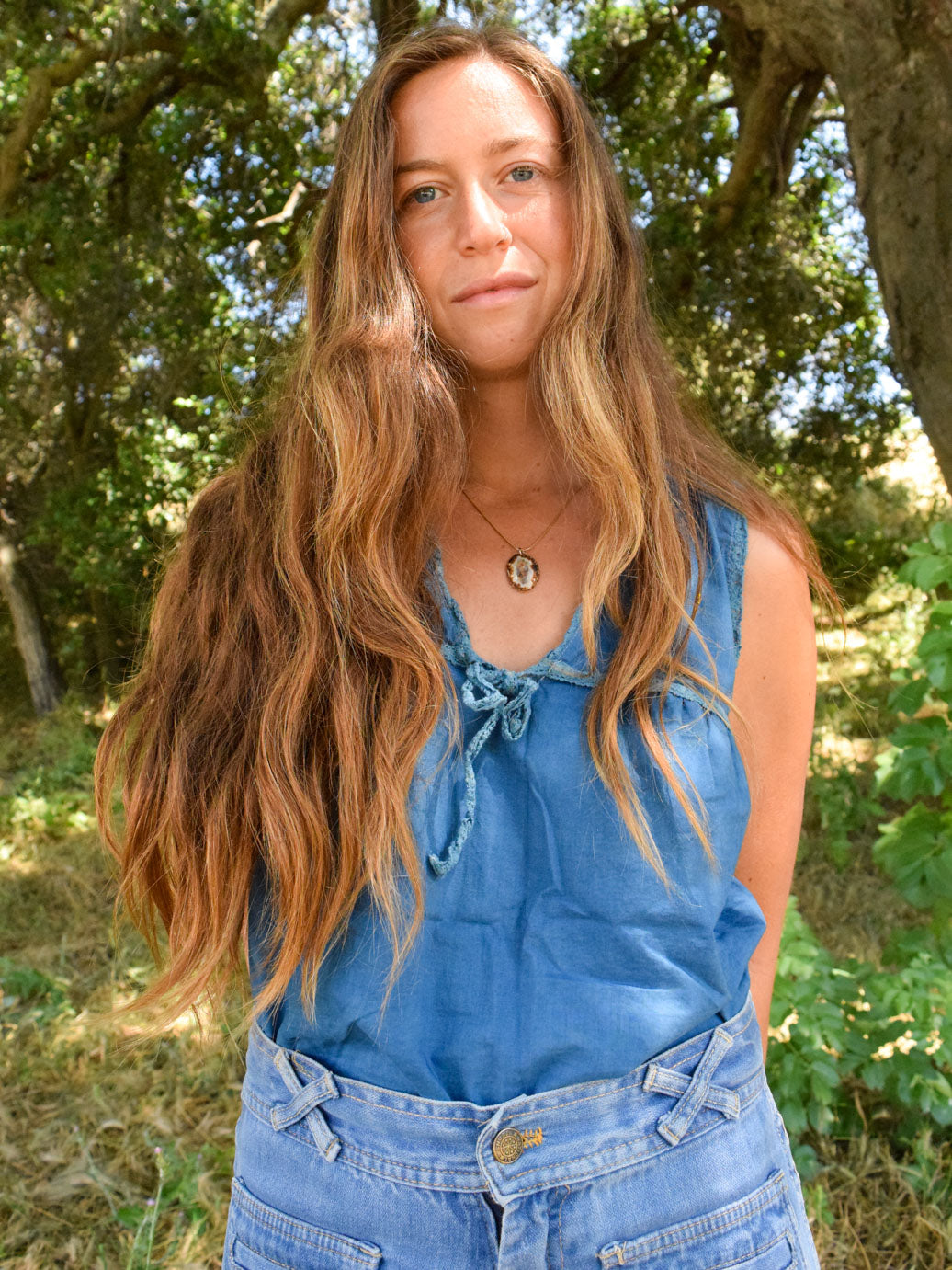 Indigo Cotton Lace Tank