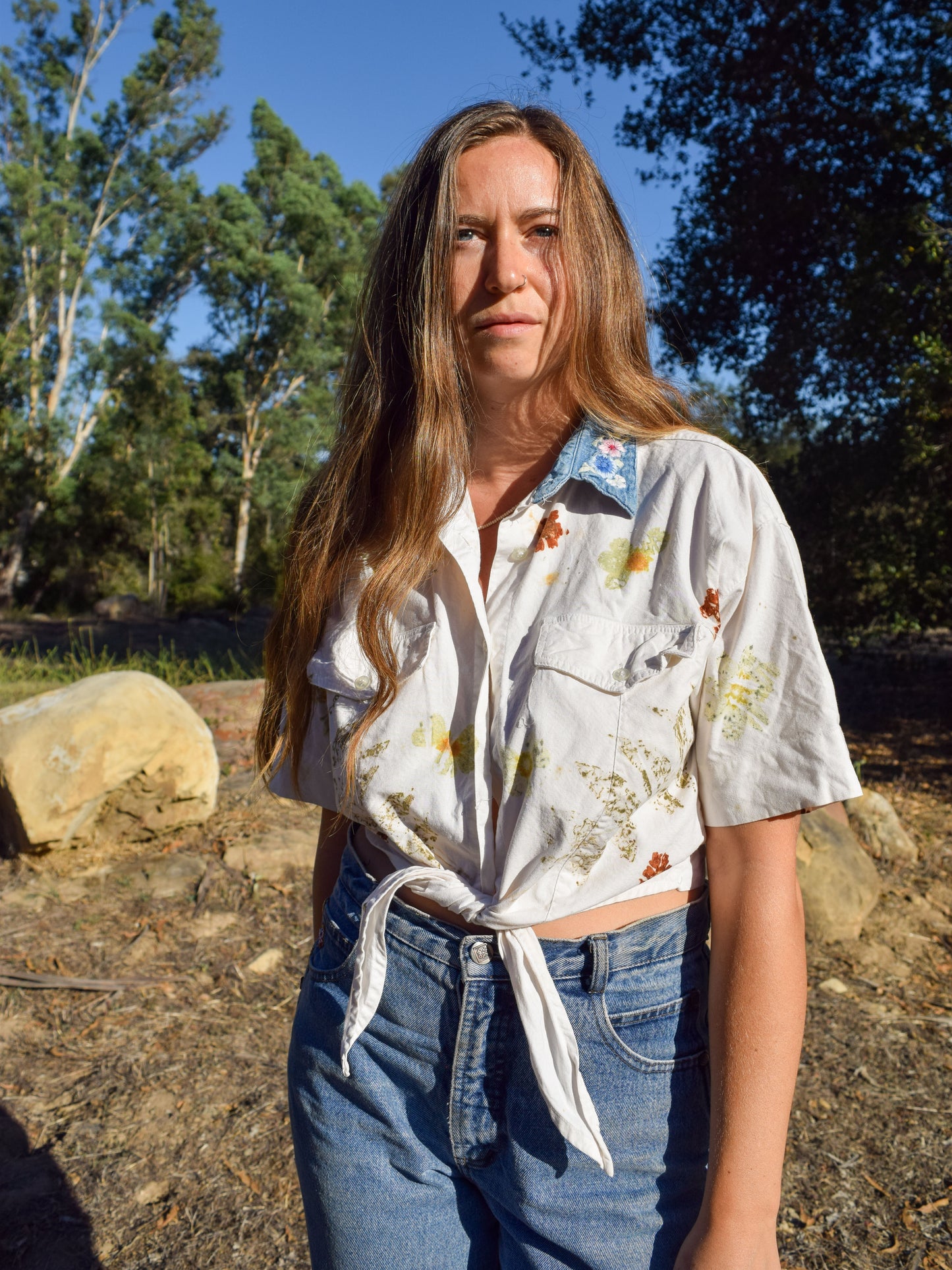 Eco-Printed Denim Collar Tie Top
