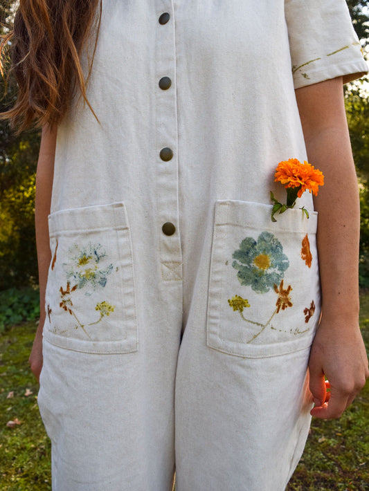 Eco Printed Short Sleeve Canvas Jumpsuit