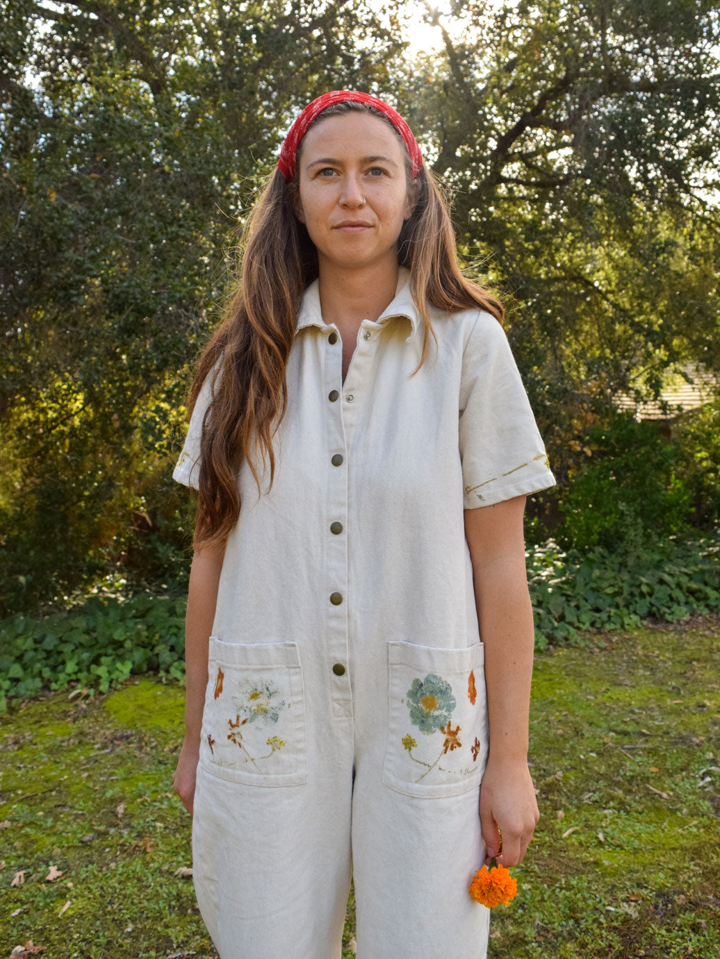 Eco Printed Short Sleeve Canvas Jumpsuit