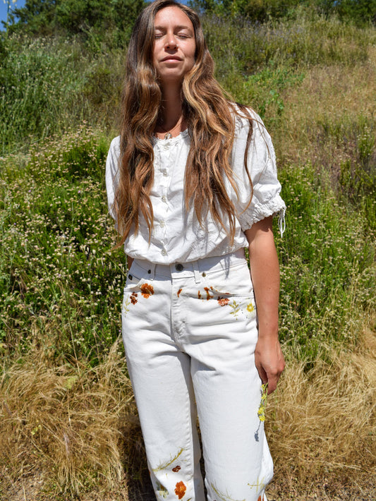 Eco-printed White Denim Jeans