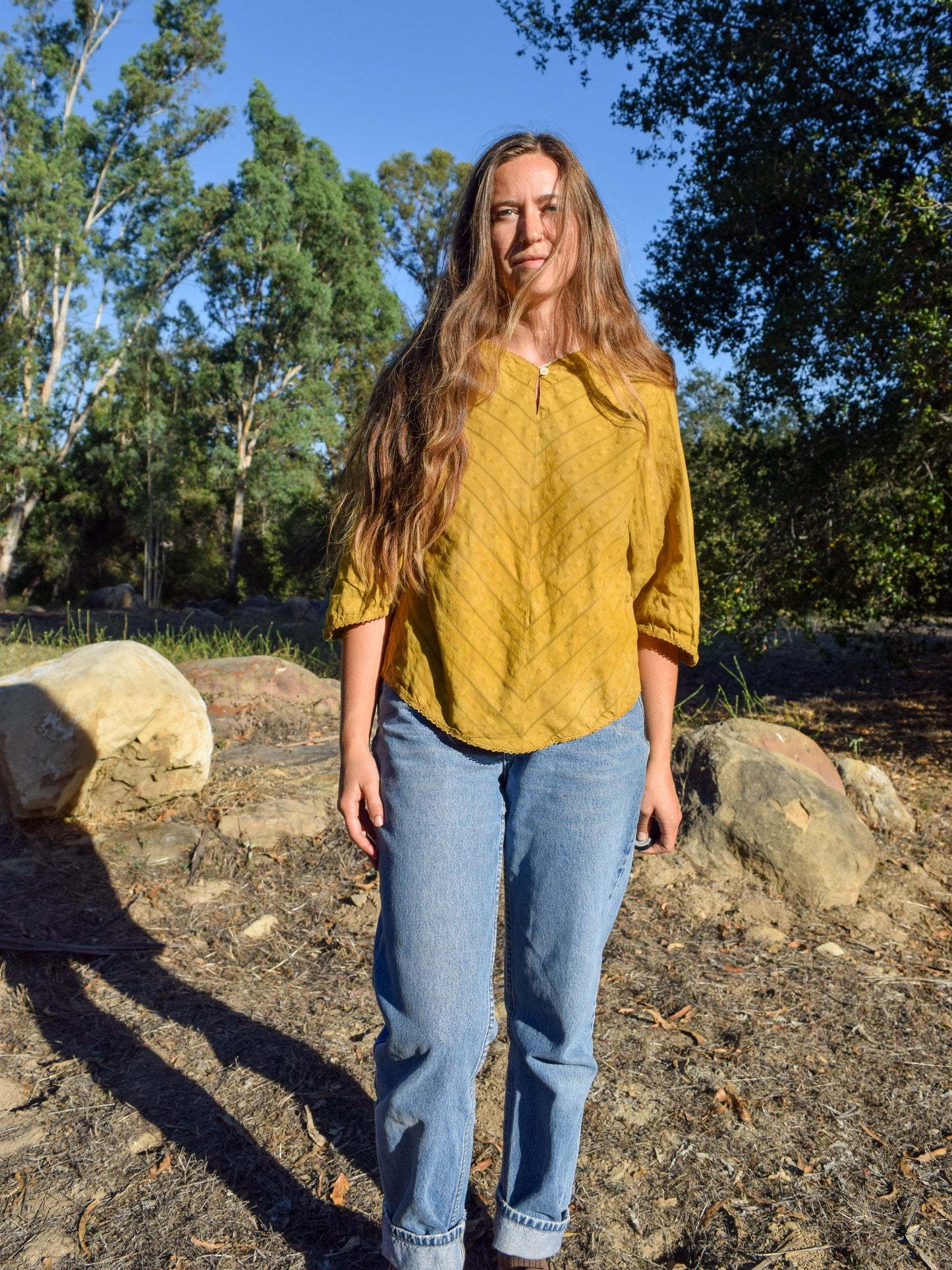 Marigold Embroidered Pointed Hem Blouse