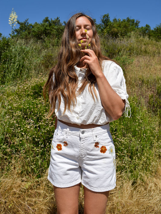 Eco-printed Levi's White Denim Shorts