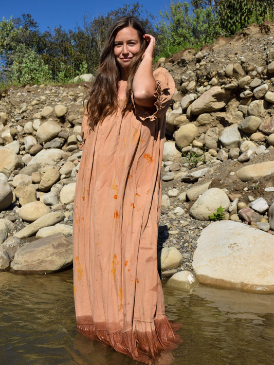 Cutch Eco-Printed Cotton Gauze Billowy Elastic Neckline Dress