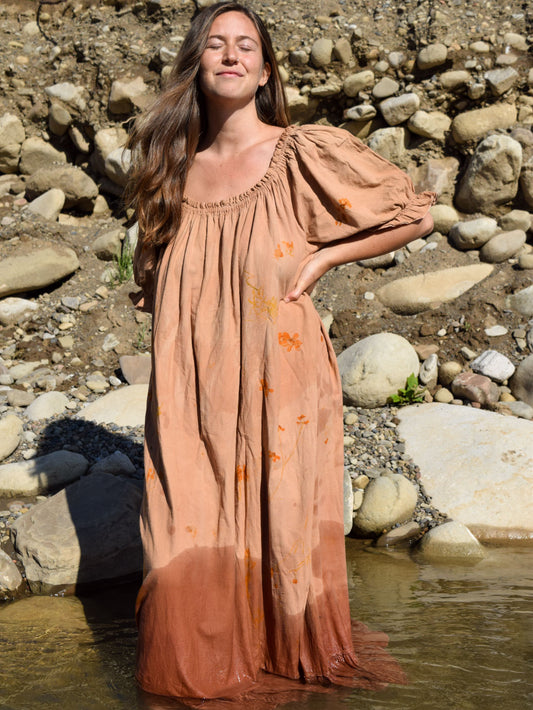 Cutch Eco-Printed Cotton Gauze Billowy Elastic Neckline Dress