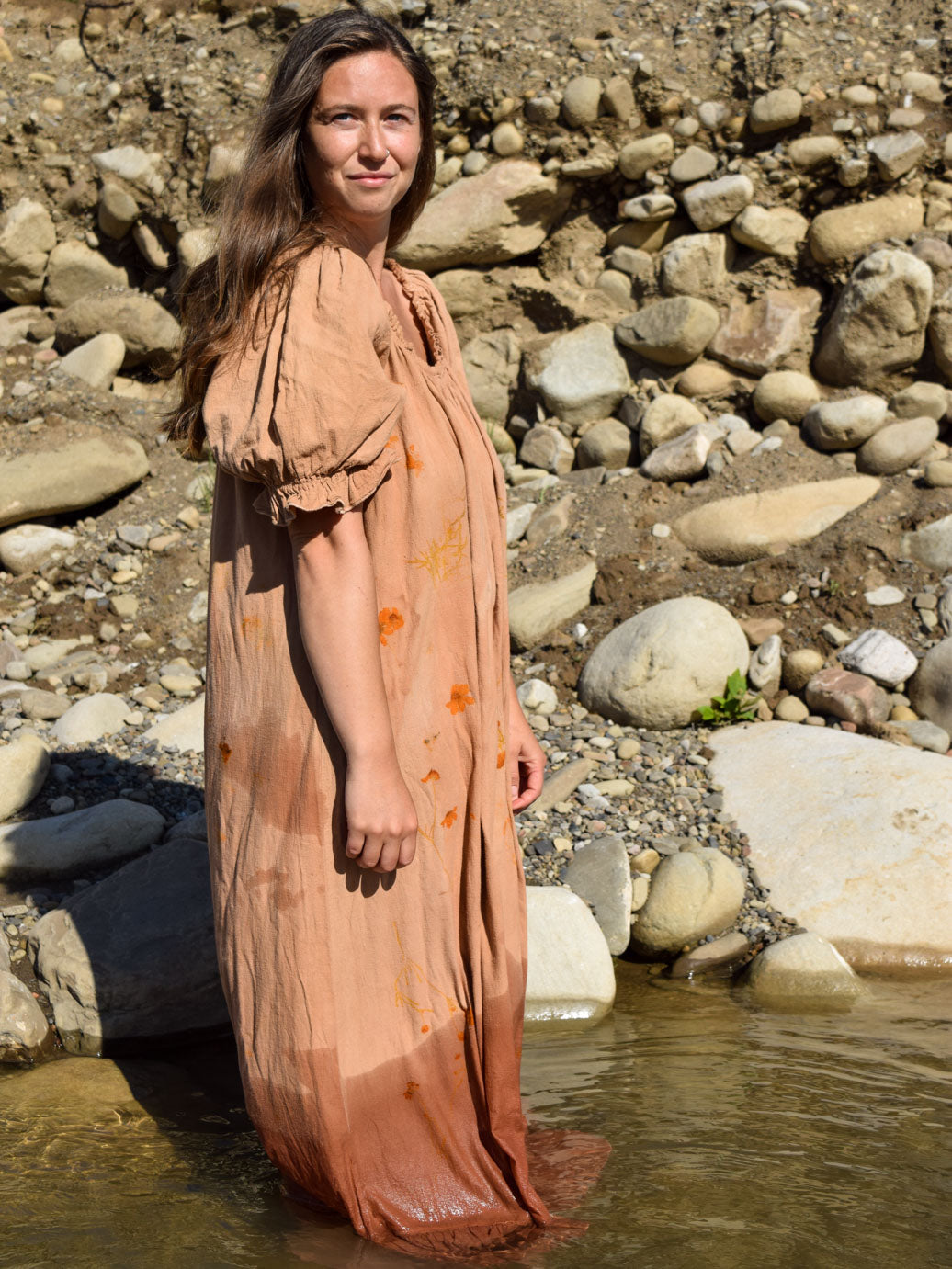 Cutch Eco-Printed Cotton Gauze Billowy Elastic Neckline Dress