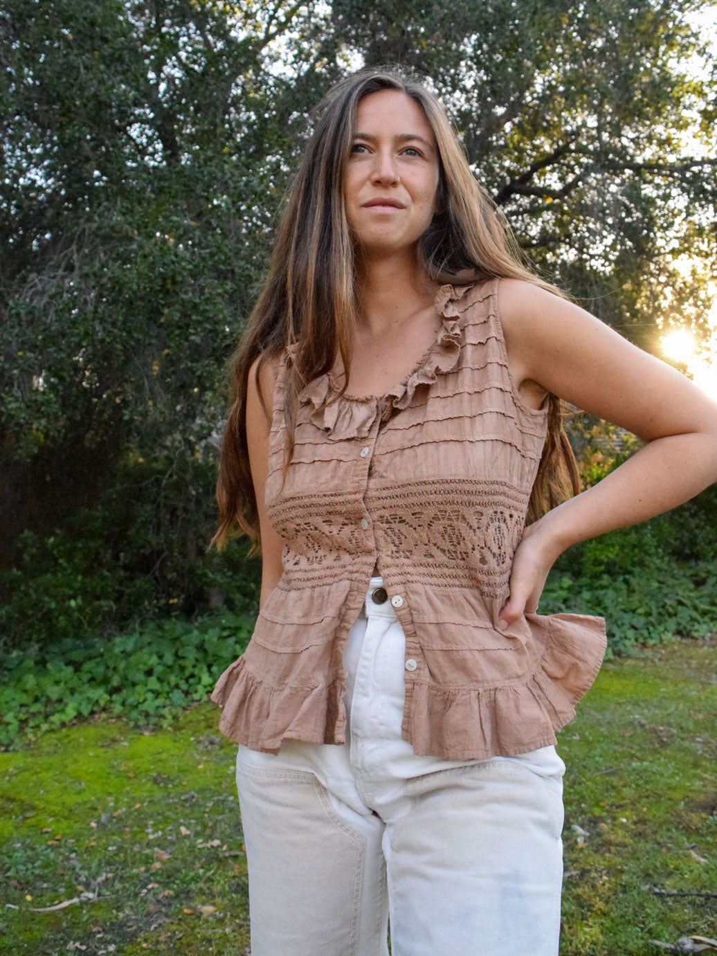 Cutch & Lac Embroidered Ruffle Tank