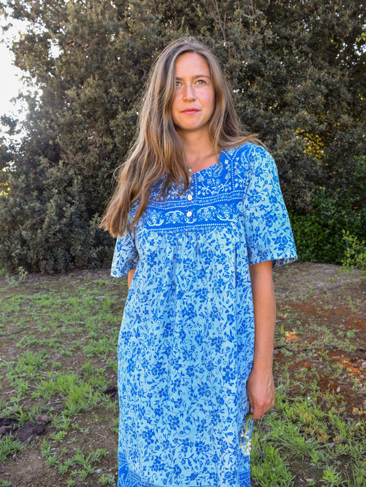 Indigo Floral Bib Yoke Dress