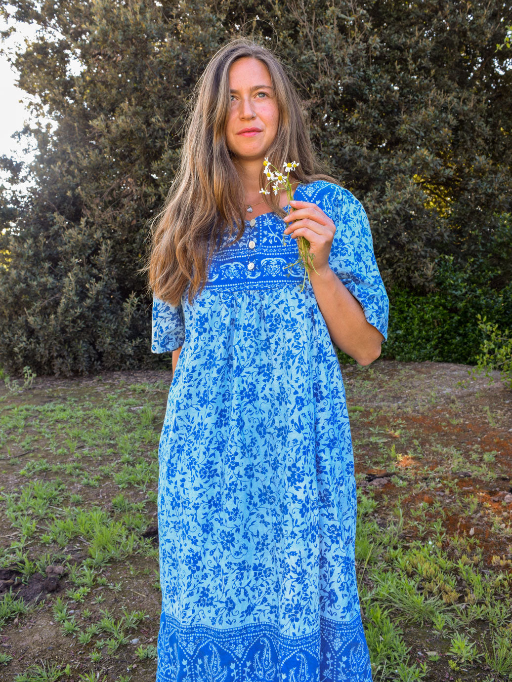 Indigo Floral Bib Yoke Dress
