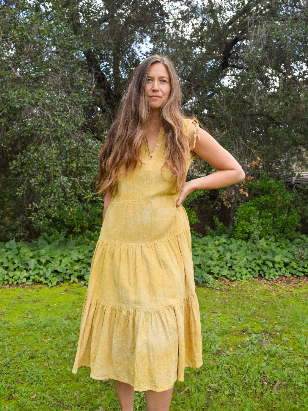 Marigold Gauze Embroidered Patch Tiered Dress