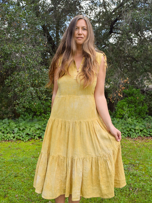 Marigold Gauze Embroidered Patch Tiered Dress