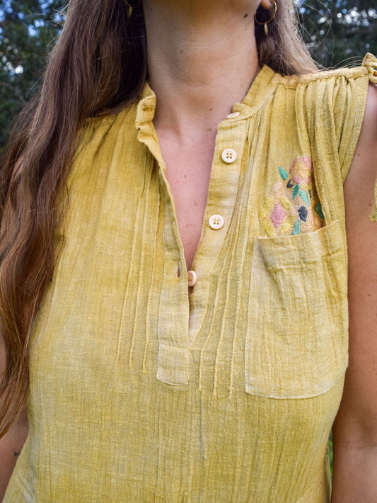 Marigold Gauze Embroidered Patch Tiered Dress