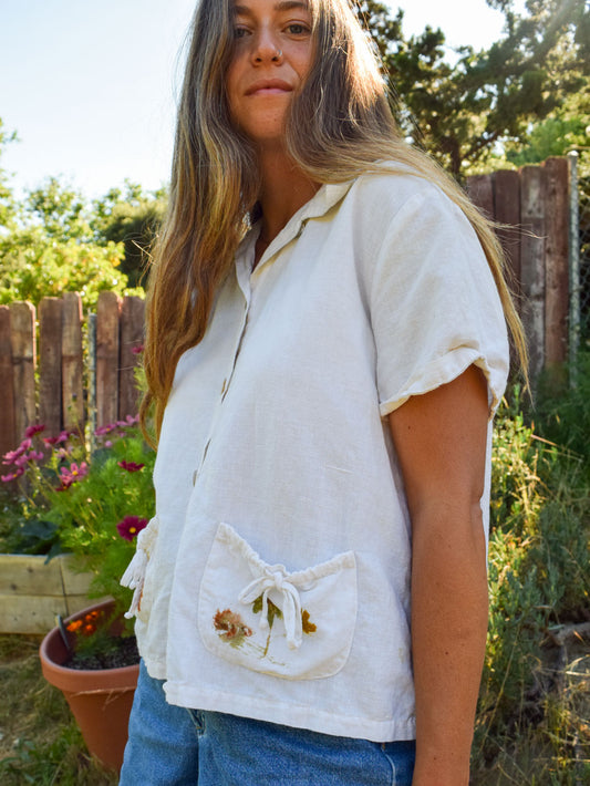 Flower Hammered Cotton/Linen Blouse