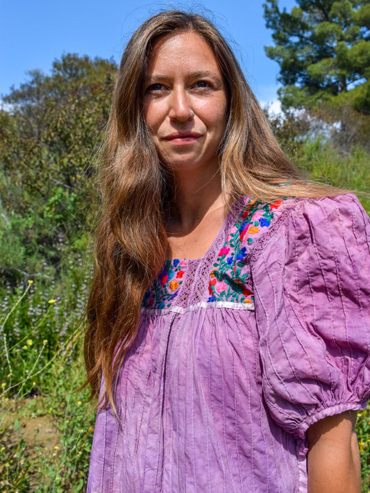 Lac & Logwood Embroidered Puff Sleeve Dress