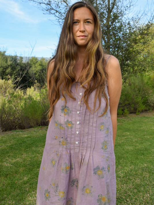 Logwood Pleated Dress with Eco-printed Cosmos